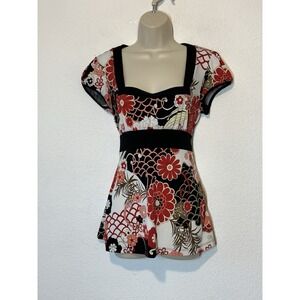 Speechless Y2K Babydoll Empire Top Tie Back Red Black Asian Inspired Whimisgoth